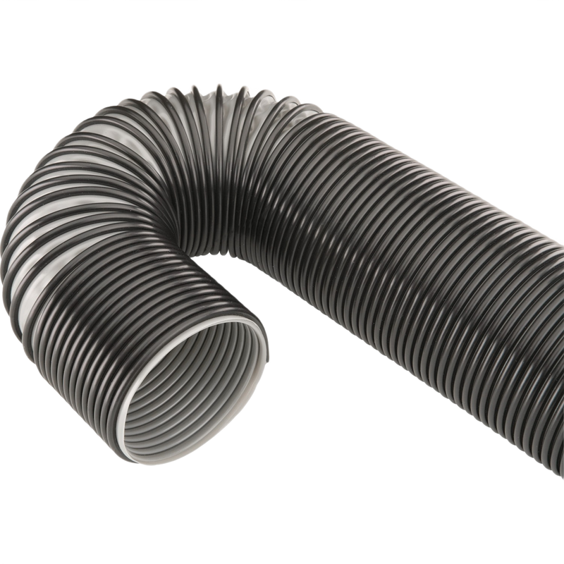 Flexible black corrugated plastic hose bent at a right angle, designed for durable outdoor or industrial use.