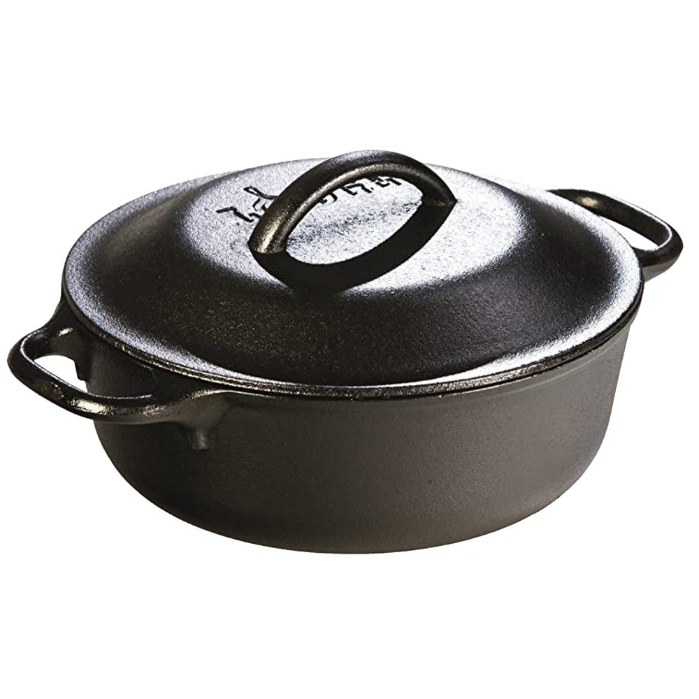 Handcrafted Lodge cast iron Dutch oven with sturdy handles and embossed lid, made in USA for exceptional heat retention and durability; ideal for Kitchen & Food, Cookware, Cast Iron, Best Sellers, and Promo Eligible collections.