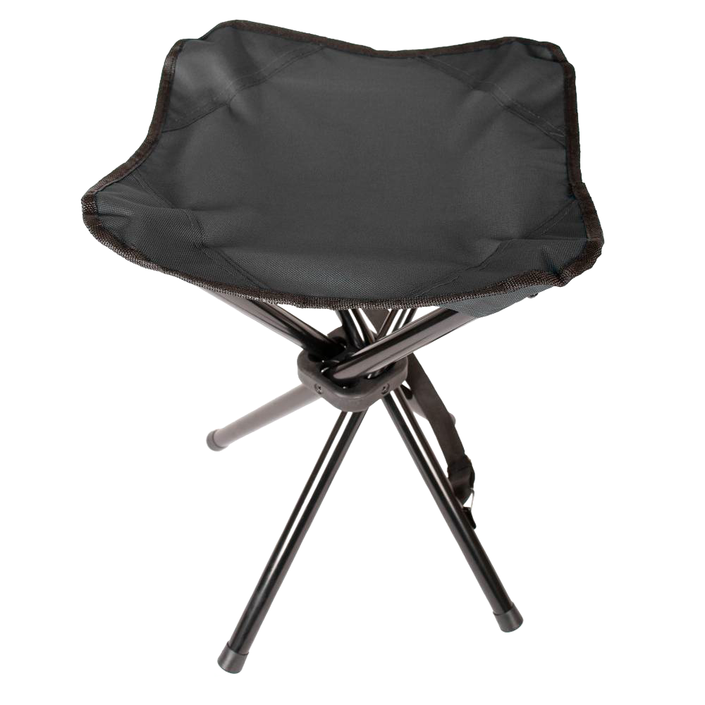 Black three-legged folding camping stool with sturdy fabric seat and metal legs, designed for easy transport and outdoor use in farming, gardening, and camping activities, featured in Farm, Garden & Tool and Camping collections.