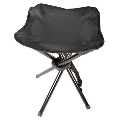 Black three-legged folding camping stool with sturdy fabric seat and metal legs, designed for easy transport and outdoor use in farming, gardening, and camping activities, featured in Farm, Garden & Tool and Camping collections.
