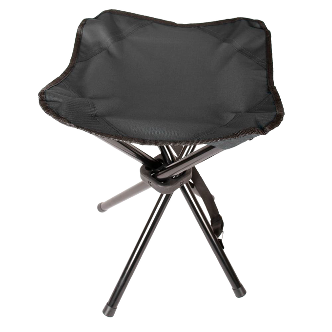 Black three-legged folding camping stool with sturdy fabric seat and metal legs, designed for easy transport and outdoor use in farming, gardening, and camping activities, featured in Farm, Garden & Tool and Camping collections.