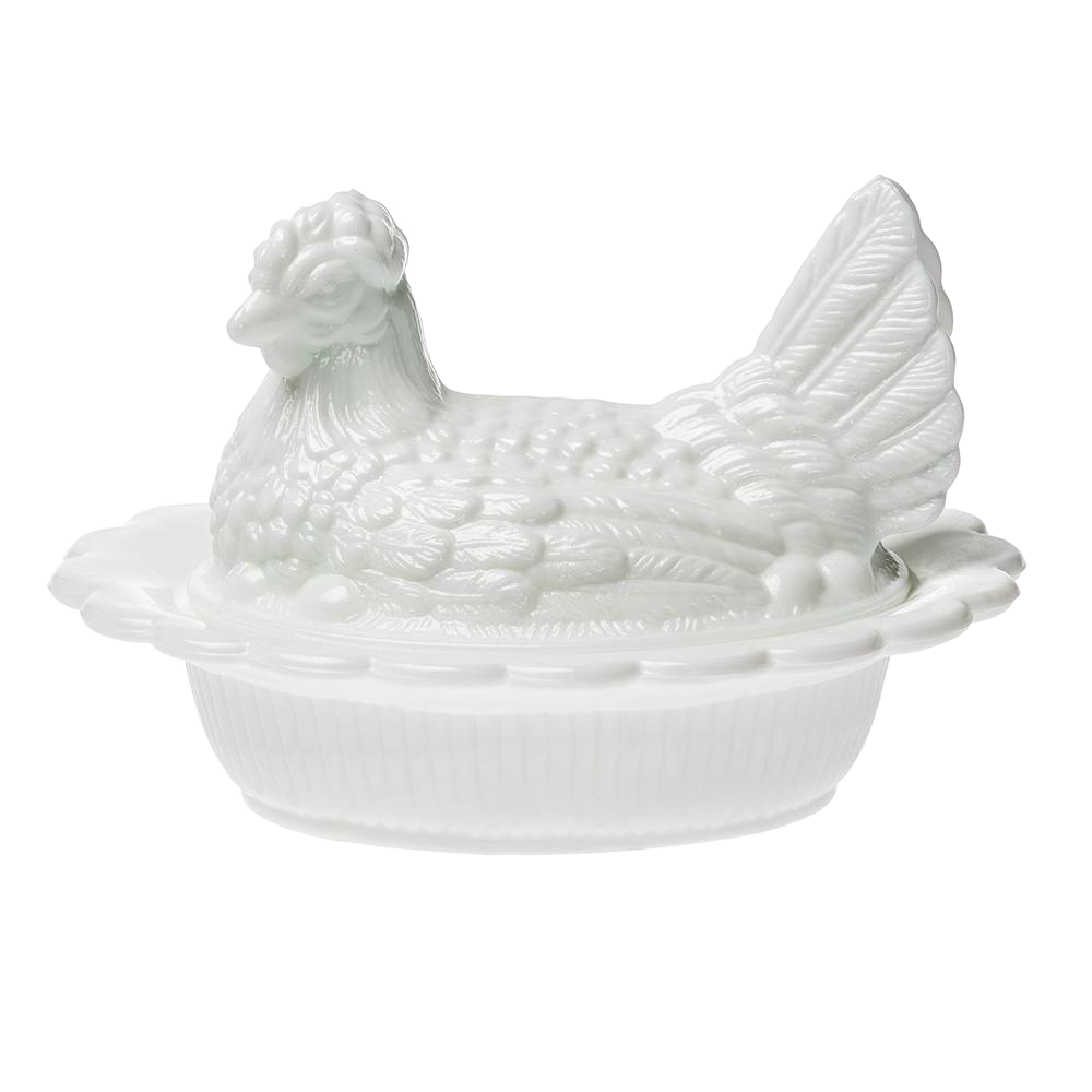 Hand-pressed white glass covered hen dish with detailed textured design, crafted in the USA, perfect for Kitchen & Food, Storage and Serving, Best Sellers, and Promo Eligible collections.