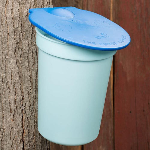Light blue sap collection bucket with a fitted blue lid attached to a tree, designed for harvesting maple sap in farm and orchard settings.