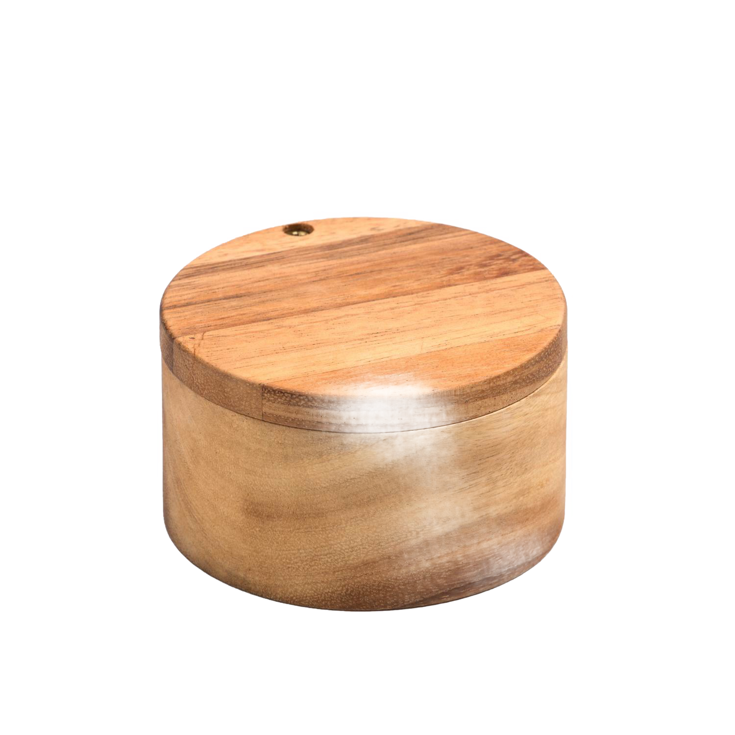 Handcrafted acacia wood salt cellar with a swivel lid, designed to keep salt dry and within reach, ideal for Kitchen & Food, Storage and Serving, and Best Sellers collections.