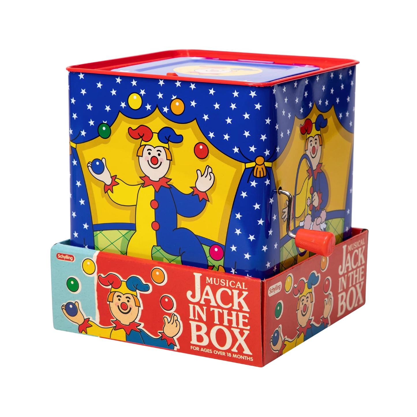 Brightly painted handcrafted pop-up tin box featuring a colorful jester and playing Pop Goes the Weasel, part of Toys, Children's Toys, Indoor Play, and Best Sellers collections.