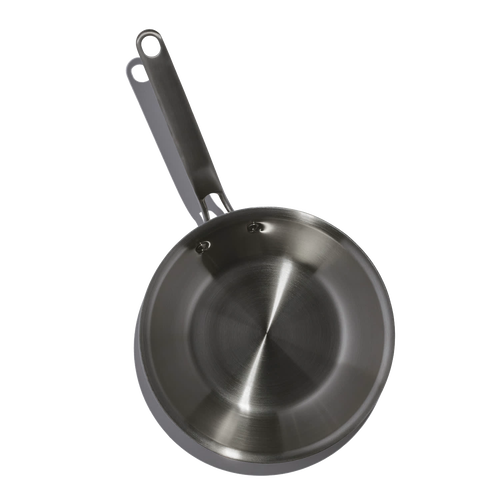 Top-down view of a handcrafted fully clad stainless steel fry pan with riveted handle, designed for even heat distribution, featured in Kitchen & Food, Cookware, and Best Sellers collections.