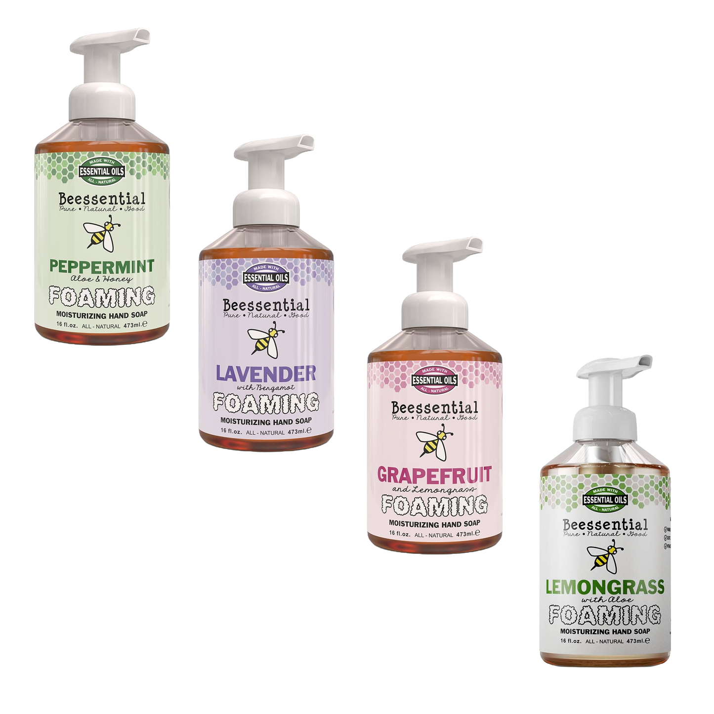 Set of four 16 fl oz handcrafted natural foaming moisturizing hand soaps in peppermint, lavender, grapefruit, and lemongrass scents with essential oils, made in small batches in the USA, ideal for Health & Wellness, Soaps, USA Made, and Best Sellers collections.