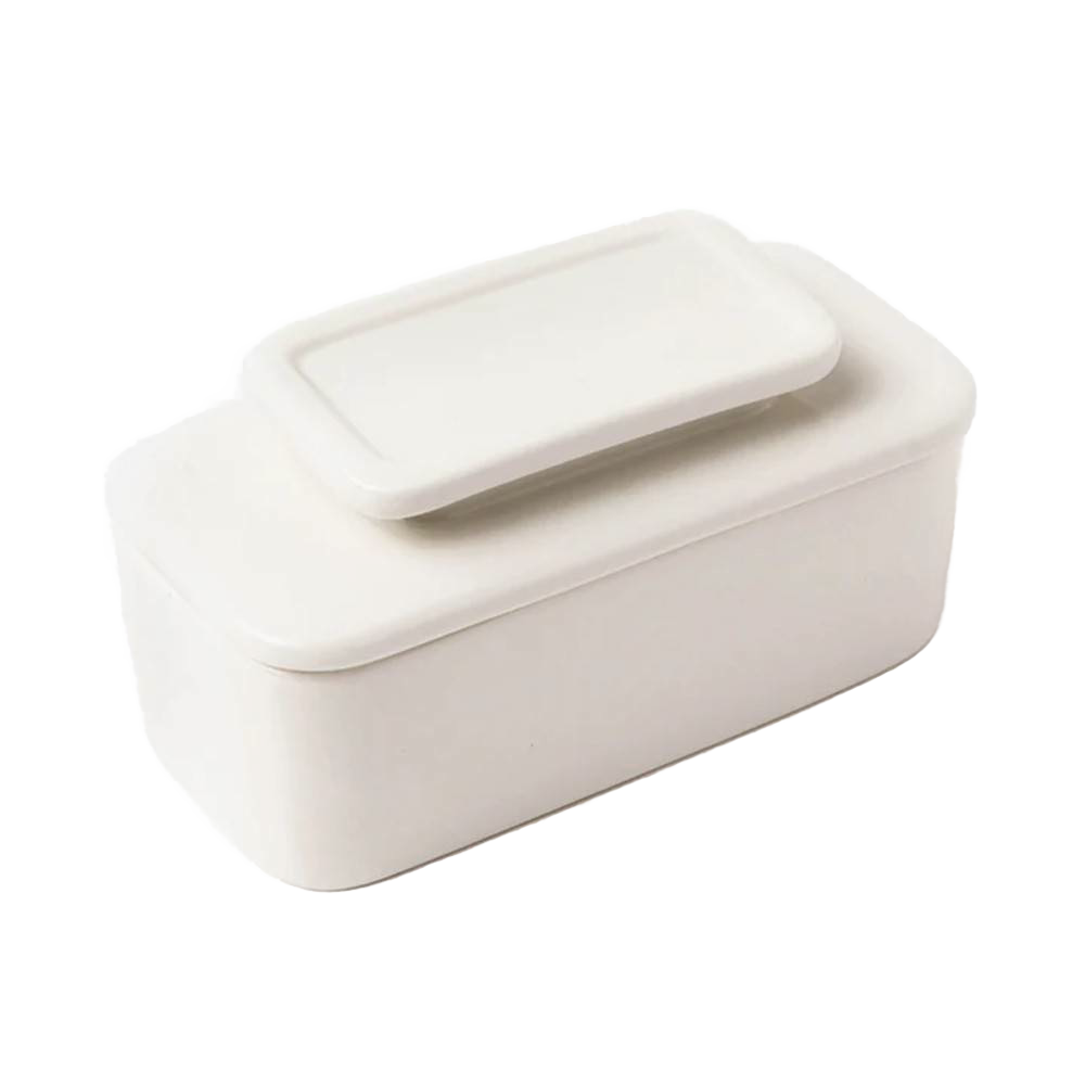 Simple off-white ceramic butter keeper featuring a rectangular shape and smooth finish, designed for fresh butter storage without refrigeration, part of Kitchen & Food collections.