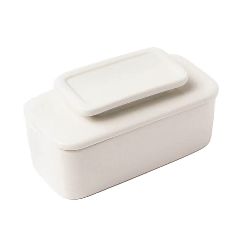 Simple off-white ceramic butter keeper featuring a rectangular shape and smooth finish, designed for fresh butter storage without refrigeration, part of Kitchen & Food collections.