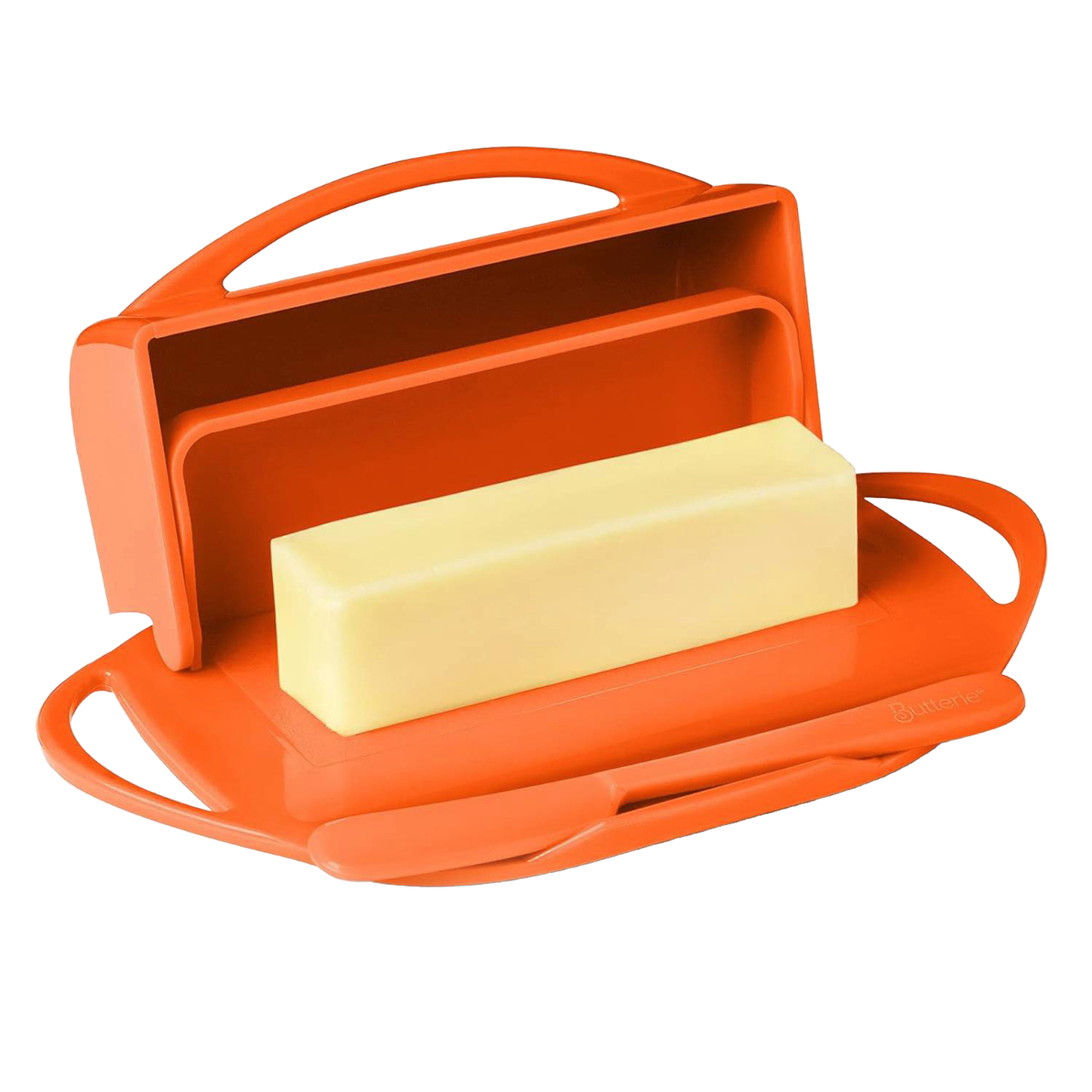 Bright orange flip-top butter dish featuring a rectangular stick of butter and a matching spreader resting in a front cradle, designed for neat, mess-free use in Kitchen & Food and Kitchen Gadgets collections.