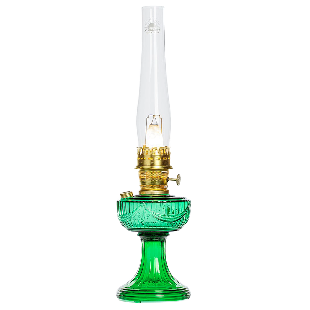 Handcrafted oil lamp with a vibrant emerald green glass font featuring a Lincoln Drape design, brass trim, and clear chimney, perfect for Lamps & Lighting, Oil Lamps, Table Lamps, Best Sellers, and Promo Eligible collections.