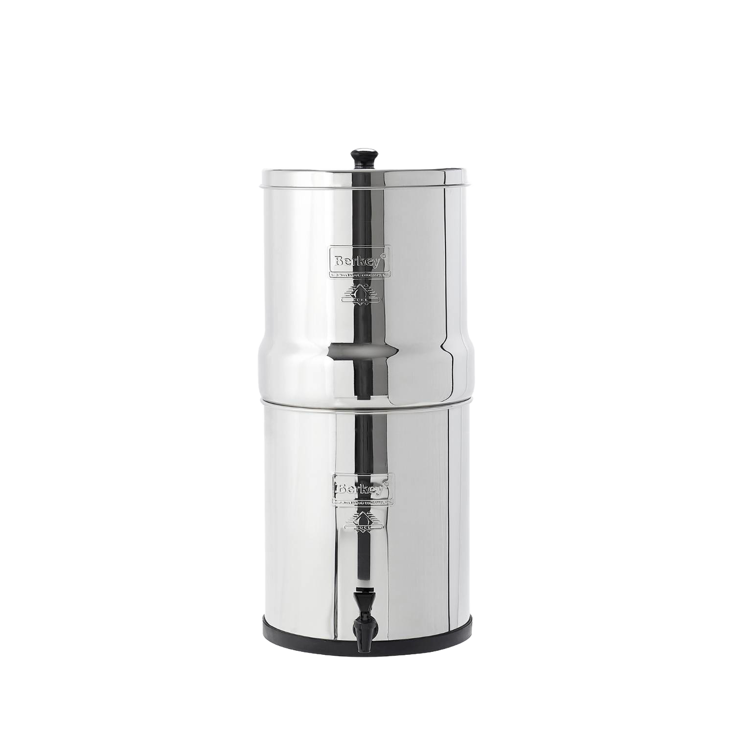 Stainless steel water filtration system with two chambers, featuring black ceramic filter elements, compact design ideal for homesteading and water treatment collections.