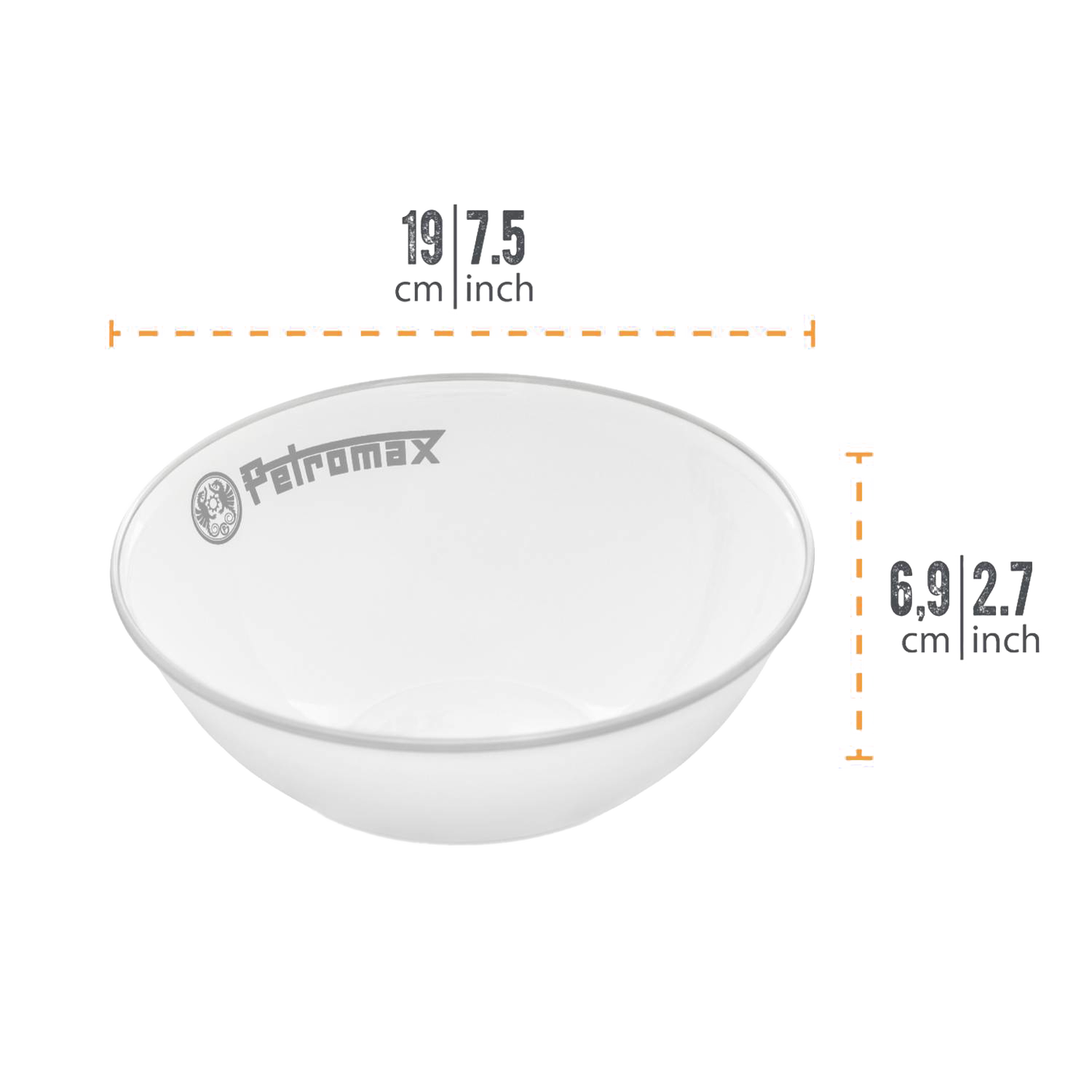 White enamel bowl with gray rim and Petromax logo, designed for corrosion, heat, and scratch resistance, perfect for Farm, Garden & Tool, Kitchen & Food, Camping, Dinnerware, Best Sellers, and Promo Eligible collections.