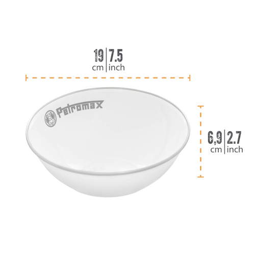 White enamel bowl with gray rim and Petromax logo, designed for corrosion, heat, and scratch resistance, perfect for Farm, Garden & Tool, Kitchen & Food, Camping, Dinnerware, Best Sellers, and Promo Eligible collections.