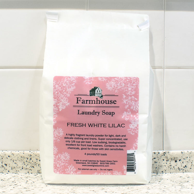 Handcrafted Farmhouse Laundry Soap in fresh white lilac scent with a gentle, biodegradable, low-sudsing formula made in USA, featured in Home & Decor, Soaps and Soapmaking, Laundry Supplies, Laundry Soaps and Softeners, USA Made, Best Sellers, and Promo Eligible collections.