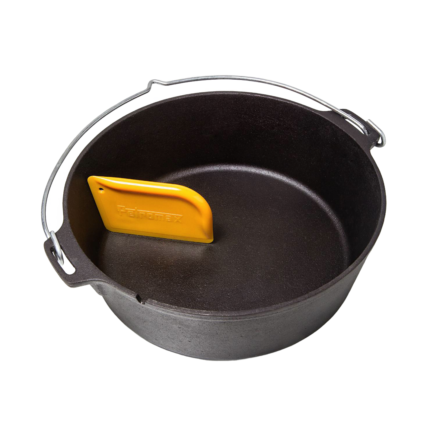 Yellow pan scraper designed to gently remove stuck-on food from cast iron cookware without damaging seasoning, shown inside a seasoned black cast iron Dutch oven, ideal for Kitchen & Food, Cookware, Cast Iron, Best Sellers, and Promo Eligible collections.