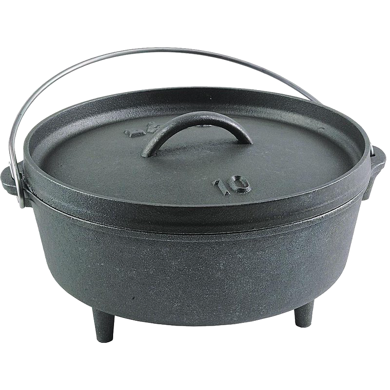 Heavy-duty cast iron camp Dutch oven with built-in legs and bail handle, handcrafted in the USA for outdoor cooking; featured in Farm, Garden & Tool, Camping, Cast Iron, USA Made, Best Sellers, and Promo Eligible collections.