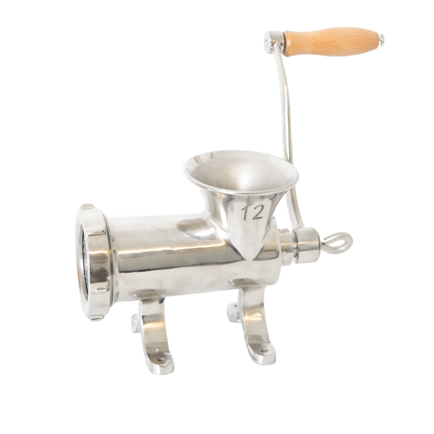 Stainless steel hand-cranked mounted meat grinder with a wooden handle and pre-drilled base for secure attachment, featured in Kitchen & Food, Specialty Equipment, and Butchering Supplies collections.