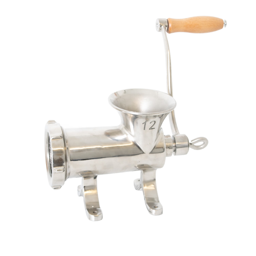 Stainless steel hand-cranked mounted meat grinder with a wooden handle and pre-drilled base for secure attachment, featured in Kitchen & Food, Specialty Equipment, and Butchering Supplies collections.