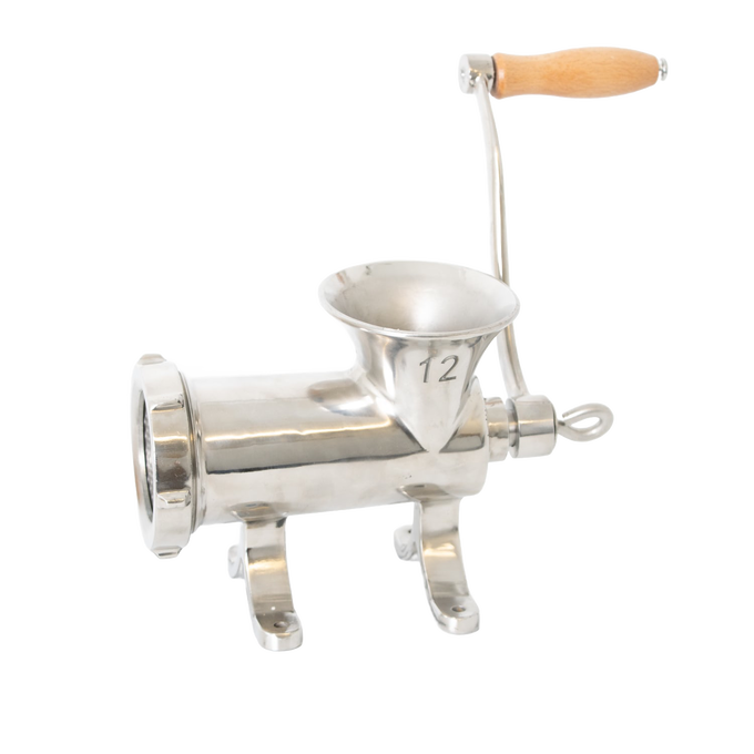 Stainless steel hand-cranked mounted meat grinder with a wooden handle and pre-drilled base for secure attachment, featured in Kitchen & Food, Specialty Equipment, and Butchering Supplies collections.