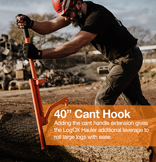 Man using a handcrafted LogOX Forester cant hook with 40-inch cant handle extension to roll large logs outdoors, featured in Farm, Garden & Tool, Wood Cutting and Hauling, USA Made, and Best Sellers collections.