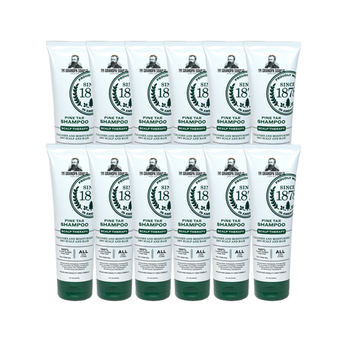 Set of handcrafted pine tar scalp therapy shampoos with plant-based ingredients, gentle formula for dry, itchy scalp relief, made in USA, featured in Health & Wellness and Grooming collections.