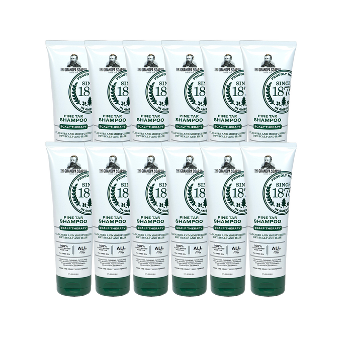 Set of handcrafted pine tar scalp therapy shampoos with plant-based ingredients, gentle formula for dry, itchy scalp relief, made in USA, featured in Health & Wellness and Grooming collections.