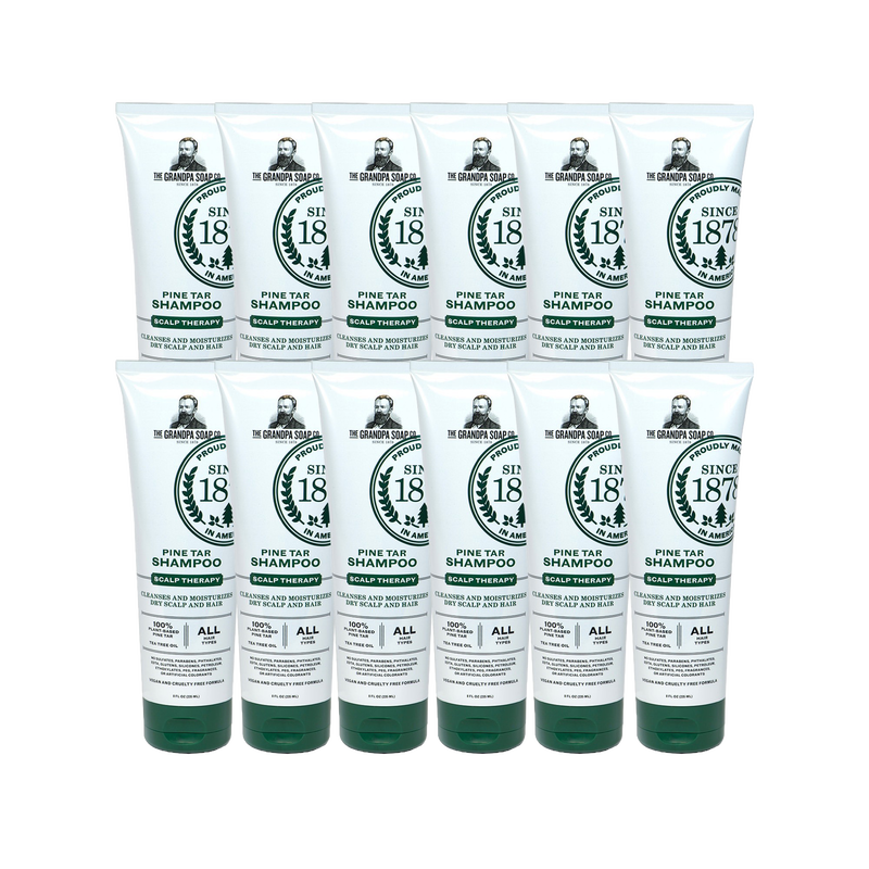 Set of handcrafted pine tar scalp therapy shampoos with plant-based ingredients, gentle formula for dry, itchy scalp relief, made in USA, featured in Health & Wellness and Grooming collections.
