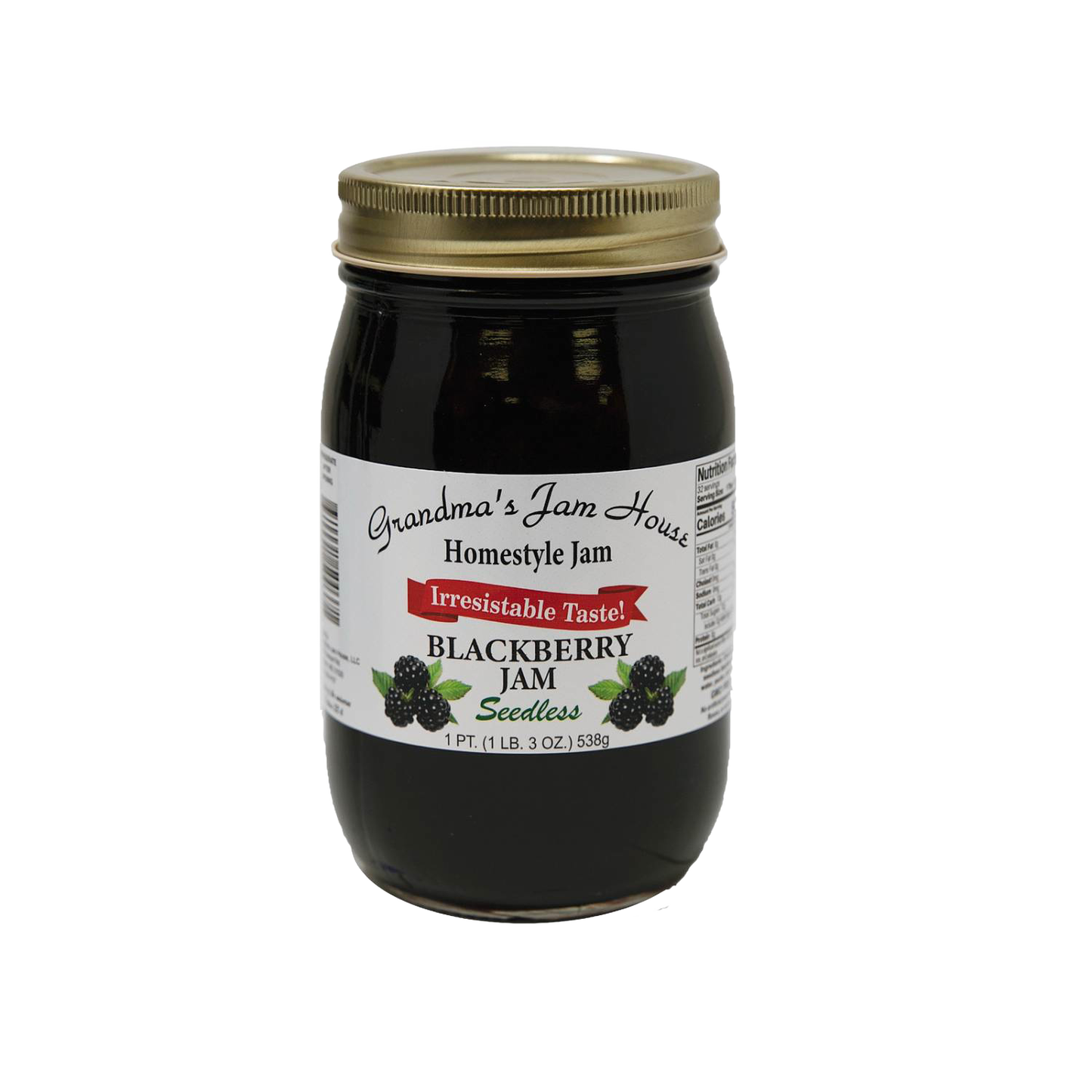 Handcrafted glass jar of seedless blackberry jam with gold lid and white label featuring blackberry illustrations, made in USA, ideal for Kitchen & Food, Pantry, Peanut Butter & Jellies, Best Sellers, and Promo Eligible collections.
