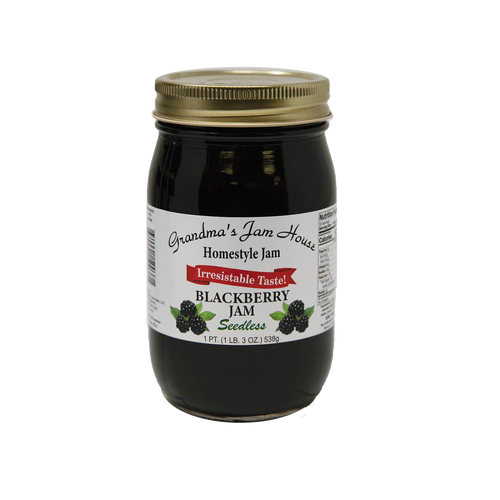 Handcrafted glass jar of seedless blackberry jam with gold lid and white label featuring blackberry illustrations, made in USA, ideal for Kitchen & Food, Pantry, Peanut Butter & Jellies, Best Sellers, and Promo Eligible collections.