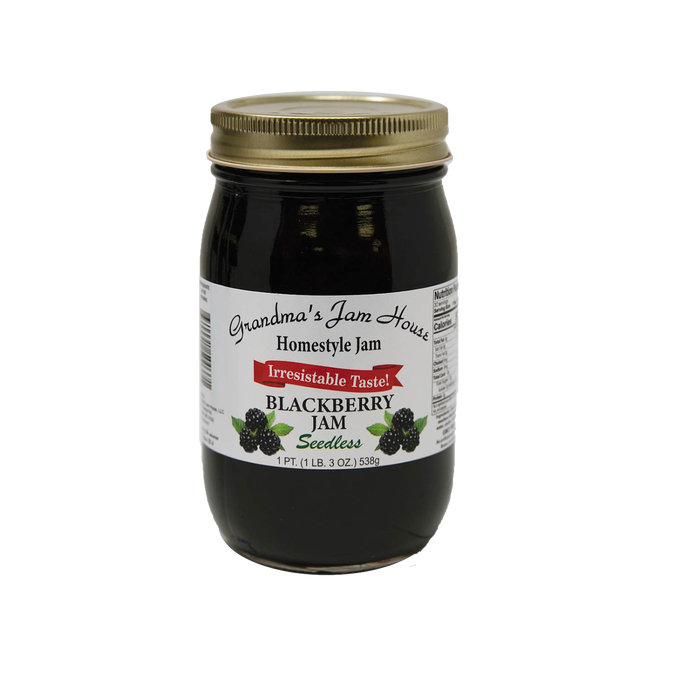 Handcrafted glass jar of seedless blackberry jam with gold lid and white label featuring blackberry illustrations, made in USA, ideal for Kitchen & Food, Pantry, Peanut Butter & Jellies, Best Sellers, and Promo Eligible collections.