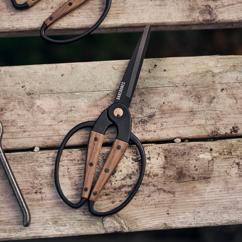Set of two gardener's scissors with rust-resistant stainless steel blades and wide walnut handles, designed for comfort with gloves, part of Farm, Garden & Tool and Garden Accessories collections.