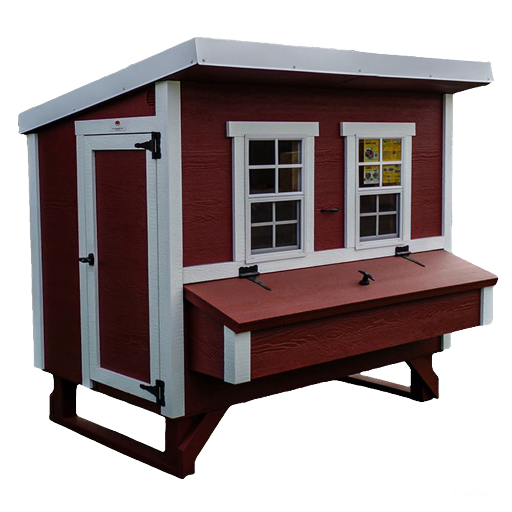 Handcrafted heavy-duty chicken coop in red with white trim, featuring secure door, double windows, and a front nesting box, ideal for Farm, Garden & Tool, Chicken Accessories, USA Made, Amish Made, and Best Sellers collections.