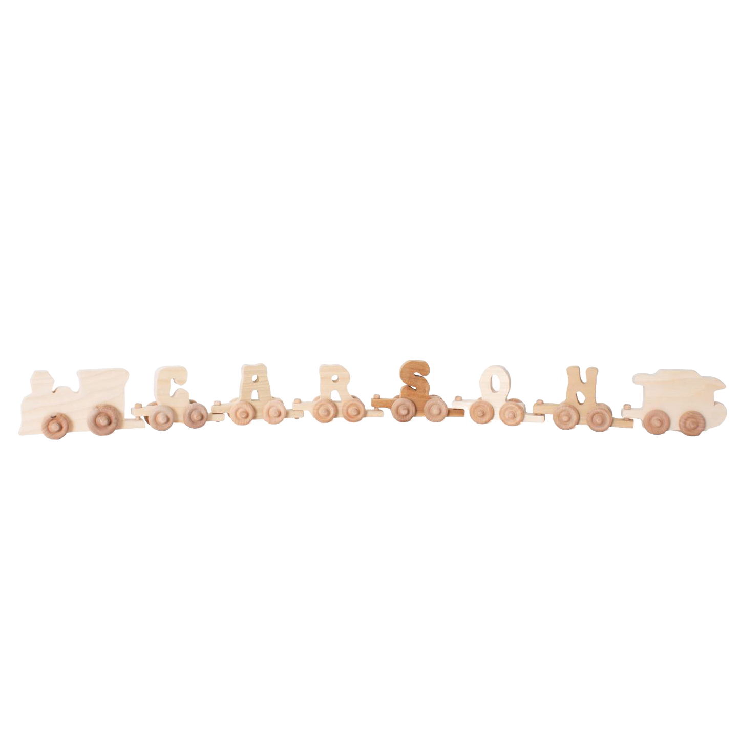 Handcrafted natural wood train set with multiple cars featuring customizable alphabet letters, Amish made in the USA, ideal for indoor play and included in Toys, Books & Games and Children's Toys collections.