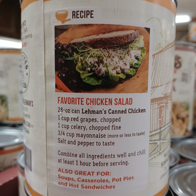 Recipe label showing a favorite chicken salad made with canned chicken, chopped grapes, celery, mayonnaise, and seasonings, served on lettuce with whole grain bread and grapes, highlighting a quick meal option for Kitchen & Food, Food, Meats, Best Sellers, and Promo Eligible collections.