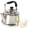 Polished stainless steel kettle with a large pour spout and black handle, shown with two floral porcelain tea cups, ideal for Kitchen & Food and Brewing Coffee and Tea collections.