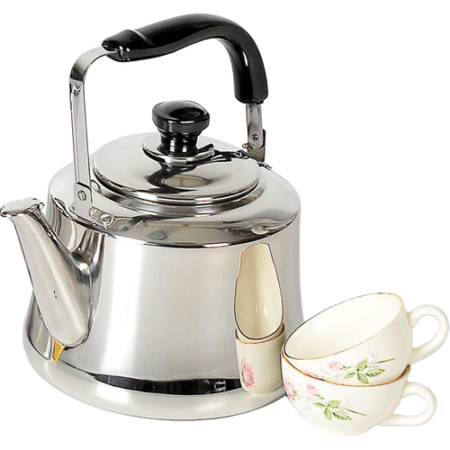 Polished stainless steel kettle with a large pour spout and black handle, shown with two floral porcelain tea cups, ideal for Kitchen & Food and Brewing Coffee and Tea collections.