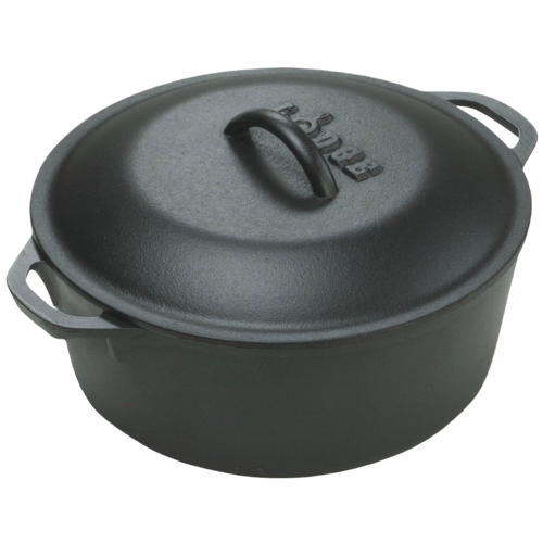 Handcrafted black cast iron Dutch oven with embossed lid and side handles, designed for durability and excellent heat retention in Kitchen & Food, Cookware, Cast Iron, USA Made, Best Sellers collections.