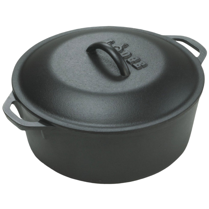 Handcrafted black cast iron Dutch oven with embossed lid and side handles, designed for durability and excellent heat retention in Kitchen & Food, Cookware, Cast Iron, USA Made, Best Sellers collections.