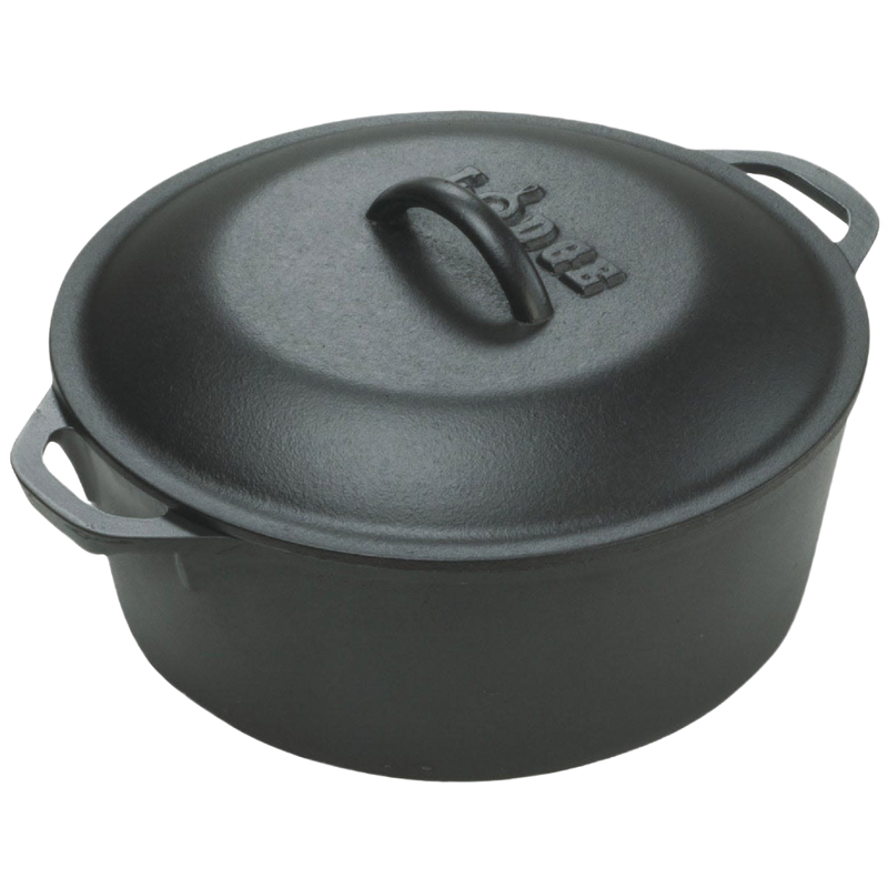 Handcrafted black cast iron Dutch oven with embossed lid and side handles, designed for durability and excellent heat retention in Kitchen & Food, Cookware, Cast Iron, USA Made, Best Sellers collections.