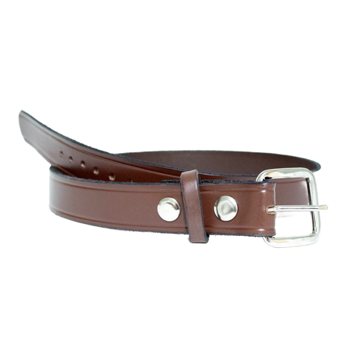 Handcrafted Amish-made smooth brown leather belt with polished chrome buckle and metal snaps, featured in Health & Wellness, USA Made, Clothing and Accessories collections.