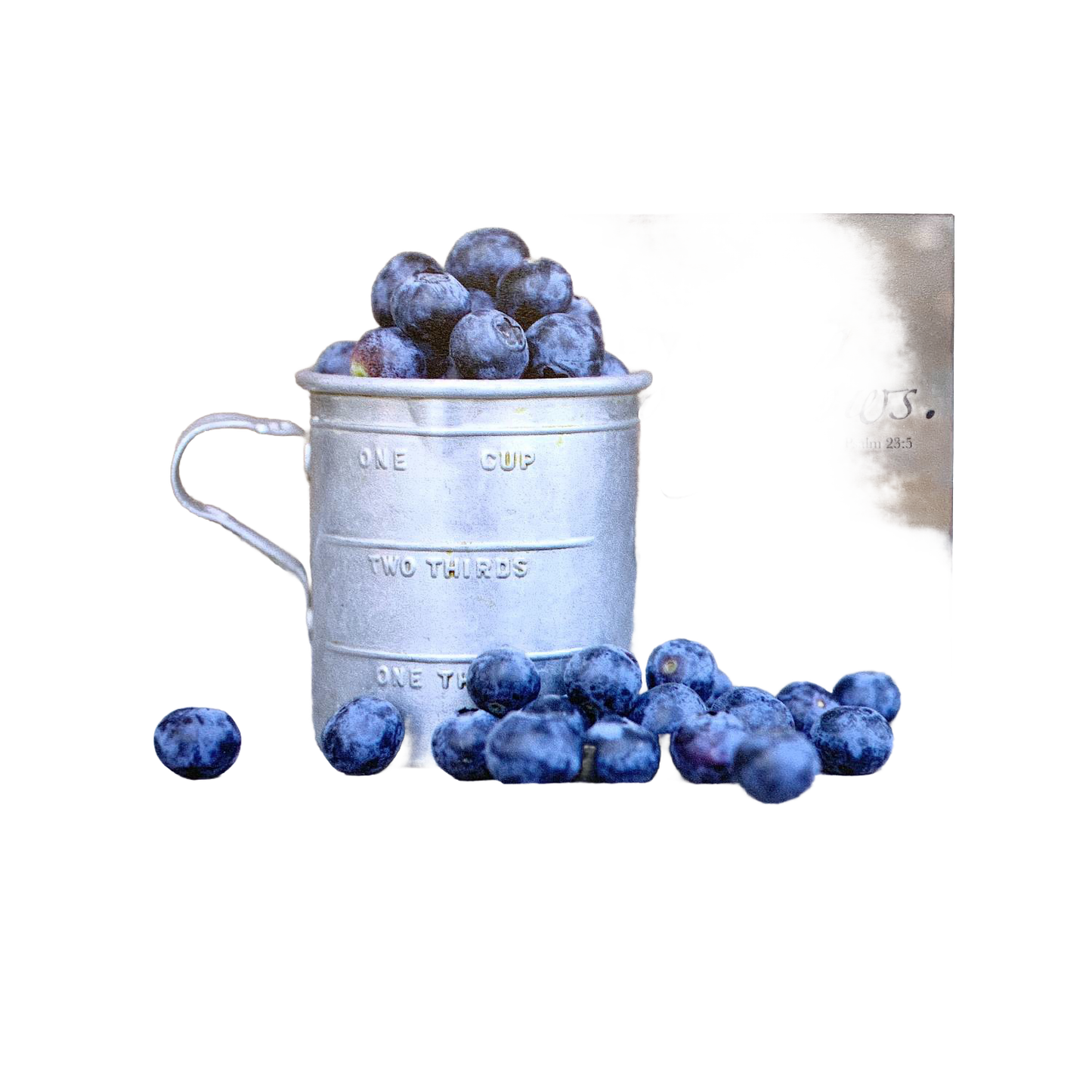 Handcrafted scenic magnet featuring a rustic metal measuring cup overflowing with fresh blueberries and an encouraging Bible verse from Psalm 23:5, ideal for Home & Decor, Best Sellers, and Promo Eligible collections.