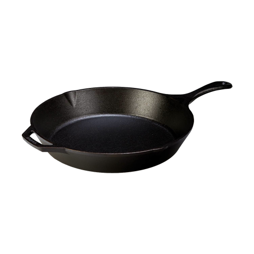 Handcrafted pre-seasoned cast iron skillet with ergonomic handle and helper grip, offering superior heat retention and durability for Kitchen & Food, Cookware, Cast Iron, Best Sellers, Promo Eligible collections.