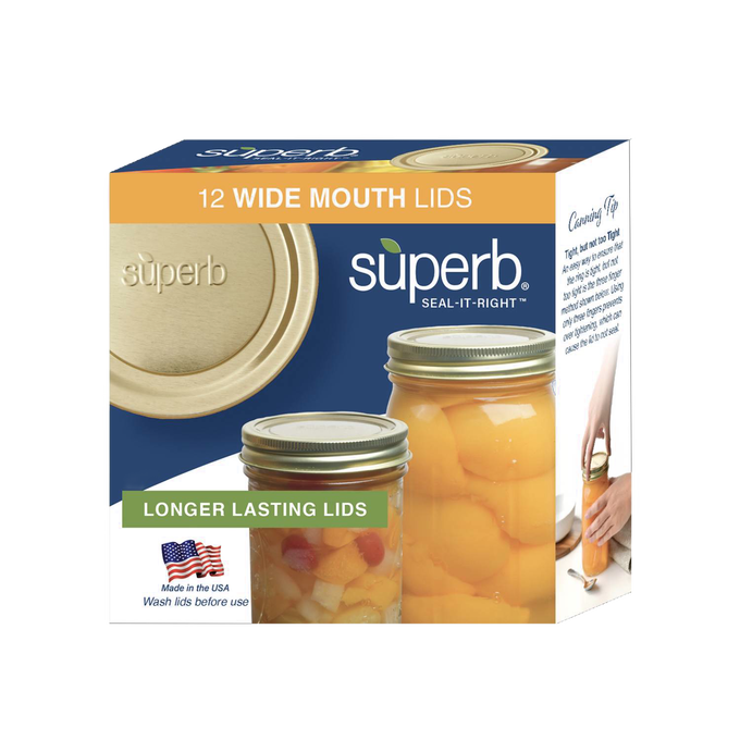 Box of 12 wide-mouth canning jar lids embossed with "superb," featuring enhanced BluSeal™ integrity for durable sealing, made in USA, ideal for Kitchen & Food, Food Preservation, and Canning collections.