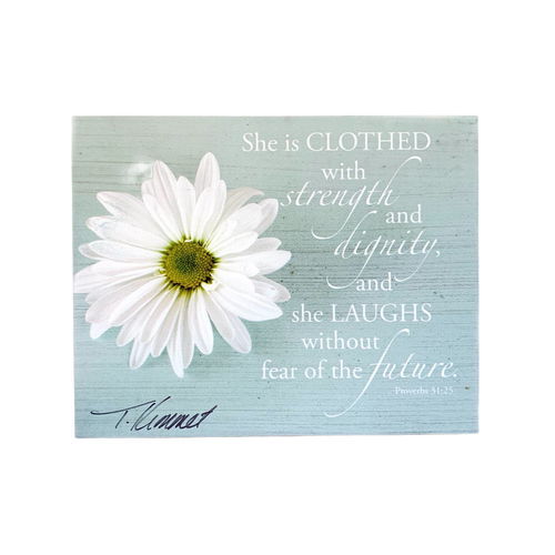 Handcrafted wall plaque featuring a white daisy and an inspiring Bible verse from Proverbs 31:25 on a soft blue rustic background, made in USA, perfect for Home & Decor and Best Sellers collections.