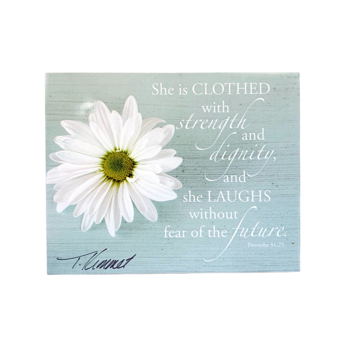 Handcrafted wall plaque featuring a white daisy and an inspiring Bible verse from Proverbs 31:25 on a soft blue rustic background, made in USA, perfect for Home & Decor and Best Sellers collections.