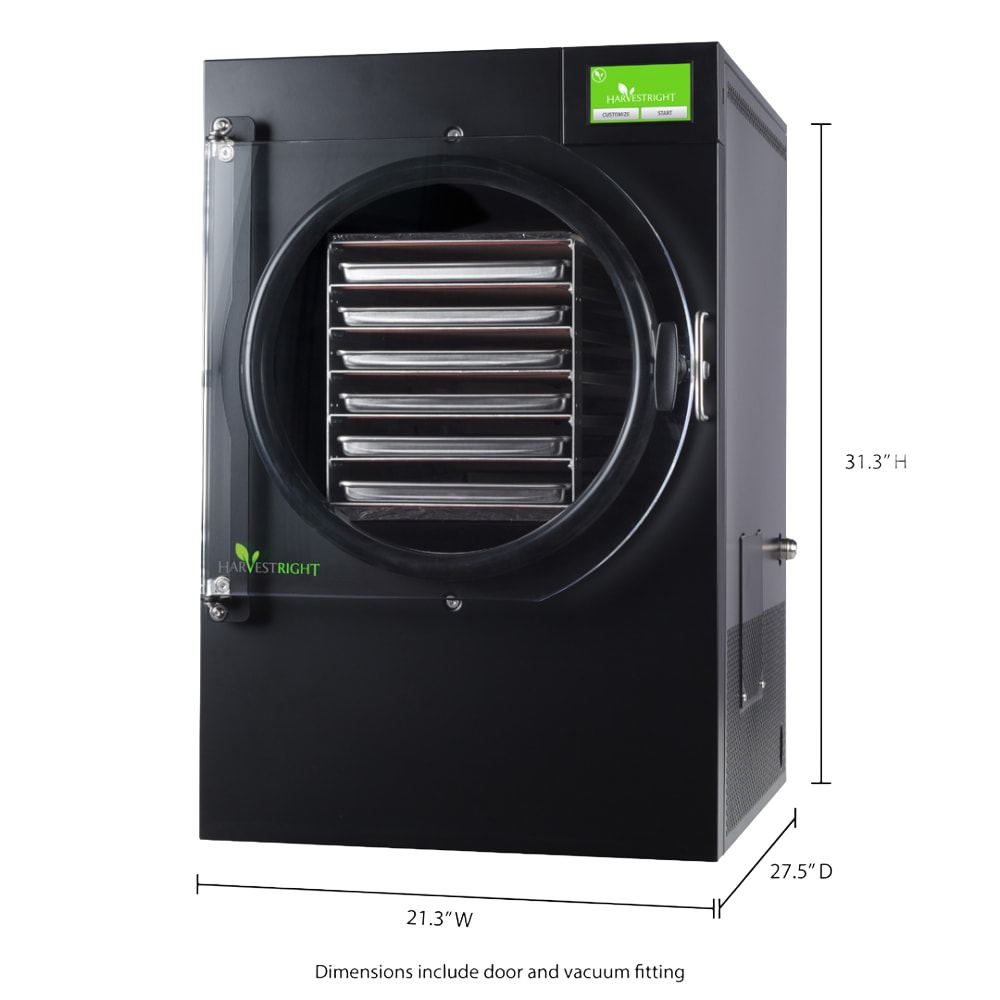 Black freeze dryer with a clear circular door showing multiple stainless steel trays inside, featuring a green digital control panel, ideal for Kitchen & Food, Food Preservation, Freezing, Drying, and Best Sellers collections.