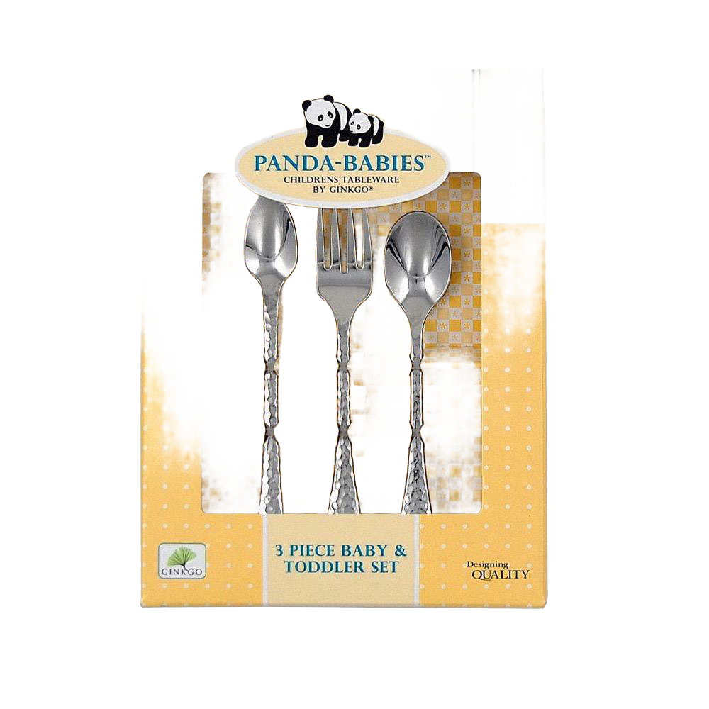 Three-piece baby and toddler stainless steel flatware set featuring two spoons and one fork with textured handles, packaged in a yellow polka dot box, ideal for Kitchen & Food, Dinnerware, and Best Sellers collections.
