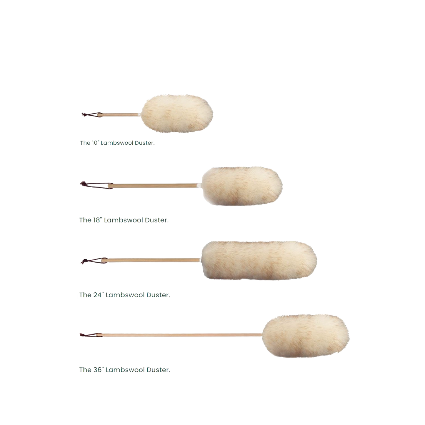 Set of four handcrafted lamb's wool dusters with natural wooden handles, designed for effective dust attraction and gentle cleaning in Home & Decor, Household Cleaning, and USA Made collections.