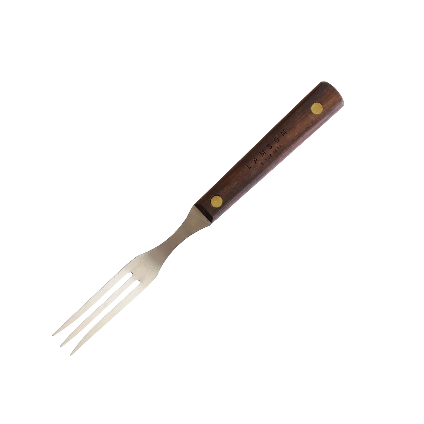Handcrafted old-fashioned kitchen fork with three stainless steel tines and brass-riveted dark brown hardwood handle, made in USA, featured in Kitchen & Food and Cooking Helpers collections.